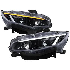 2016-2021 Honda Civic Projector Headlights w/ Switchback LED Sequential Turn Signals DRL Parking Light Strip (Jet Black Housing  / Clear Lens)