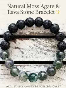 Natural Moss Agate and Lava Stone Bead Bracelet, Minimalist Bohemian Style, Adjustable Elastic Cord, Unisex Fashion Accessory