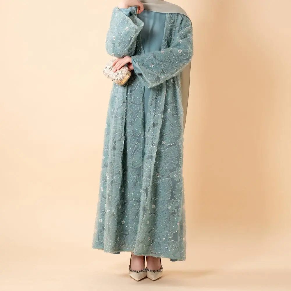 Women's 2-Piece Abayas for Eid, Loose Modest Fashion Set with Floral Embroidered Mesh Open Front Robe & Satin Inner Dress, Beaded Abaya Set, Long Sleeve, Hijab Style, Lightweight, Open Front Abaya, 2-Piece Set