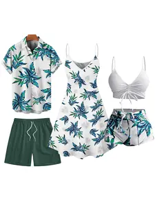 DRESSLILY Hawaii Couple Outfit Tropical Plant Print Spaghetti Strap Dress Cinched Tankini Swimsuit and Roll Up Sleeve Shirt Drawstring Shorts Beach Matching Outfit