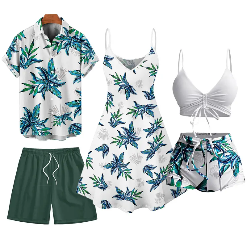 DRESSLILY Hawaii Couple Outfit Tropical Plant Print Spaghetti Strap Dress Cinched Tankini Swimsuit and Roll Up Sleeve Shirt Drawstring Shorts Beach Matching Outfit