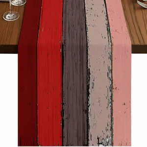 1 2D table flag, farmhouse Christmas table flag, anti slip rectangular linen gradient reddish brown holiday runner, vintage country barn wooden texture decoration kitchen home