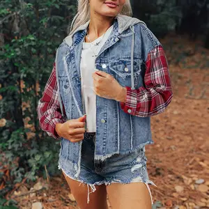 Beau Blue Plaid Print Patchwork Hooded Raw Hem Denim Jacket