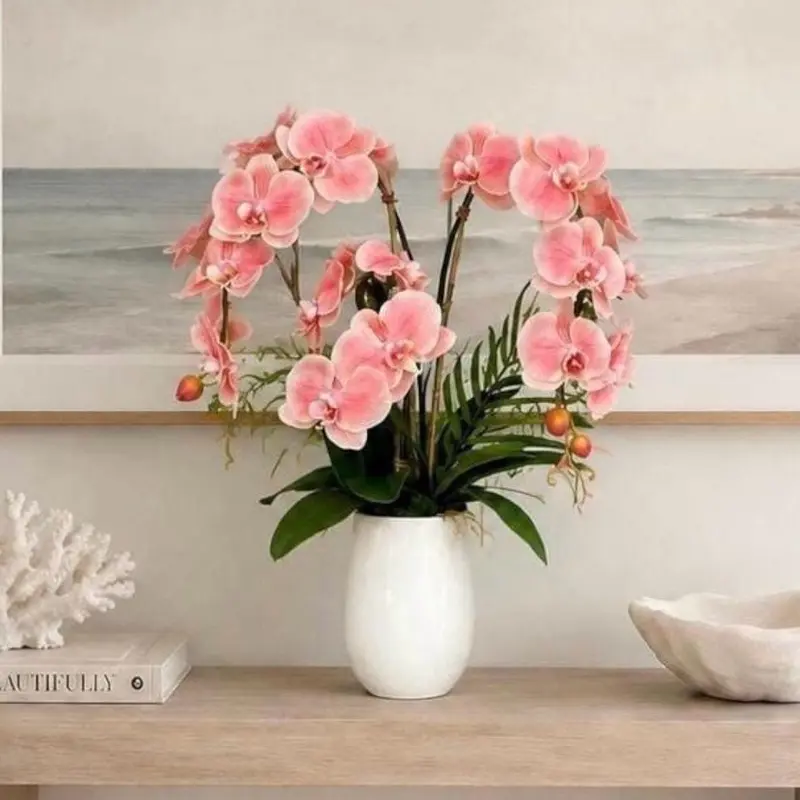 Luxury Real Touch Coral Pink Orchid Arrangement | Designer Faux Orchid | Modern Coastal Home Decor | 25” Tall