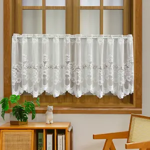 1PC White Kitchen Curtain 24 inches Length Floral Lace Sheer Curtain Valance Cafe Curtain Door Panel Rod Pocket Voile Panel Short Window Treatment Valance Tiers