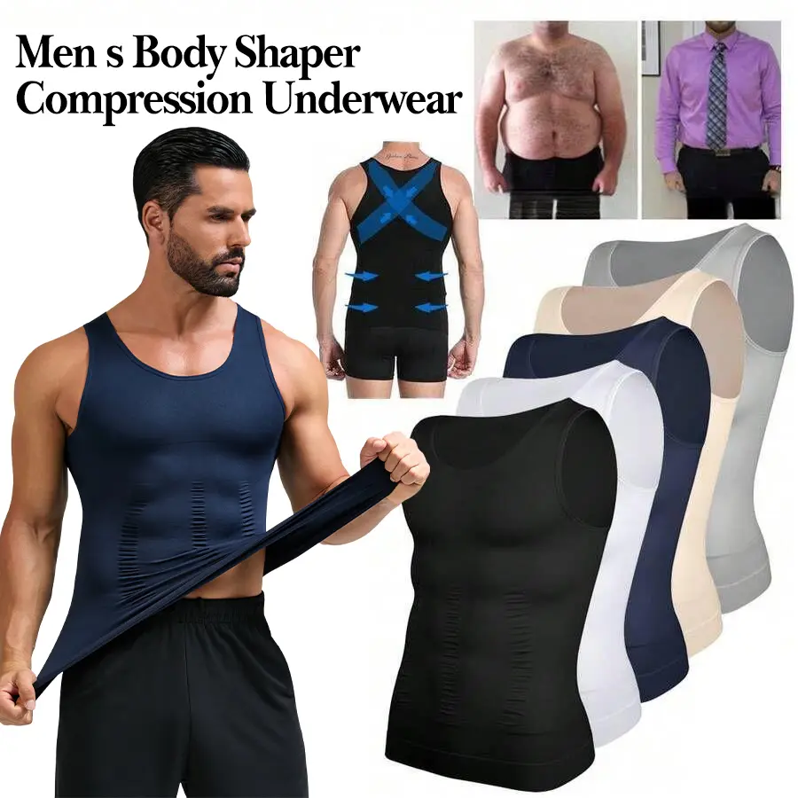 Men's Compression Fit Body Shaper Workout Tank Top - Seamless Short-Length Athletic Tank Tops, Tummy Control Synthetics Lightweight Polyamide Undershirt for Sports