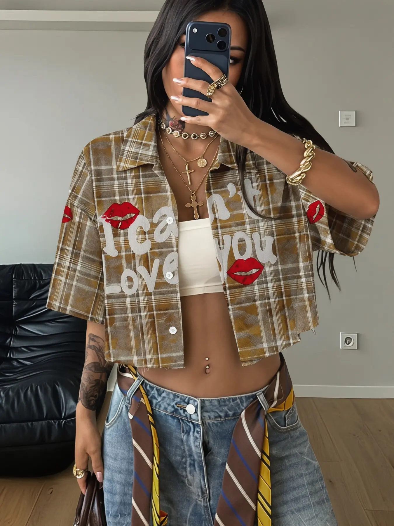 Versatile Plaid Cropped Shirt - Casual Cool Outfit, Wrinkle Resistant for Hangout & Date Women's Vintage Plaid Short Sleeve Shirt Blouse, Caramel Tone, Distressed Letter Lip Print, Frayed Hem, Neutral American Style, Womenswear Fashion Top Blouse Shirts