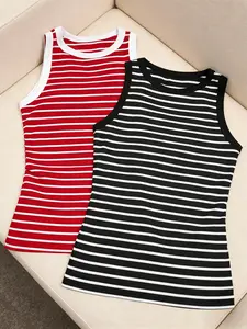 Women's Two-Piece Striped Ribbed Tank Top Set, Elegant Sleeveless Round Neck Fitted Casual Shirt, Basic Chic Style for Daily Wear