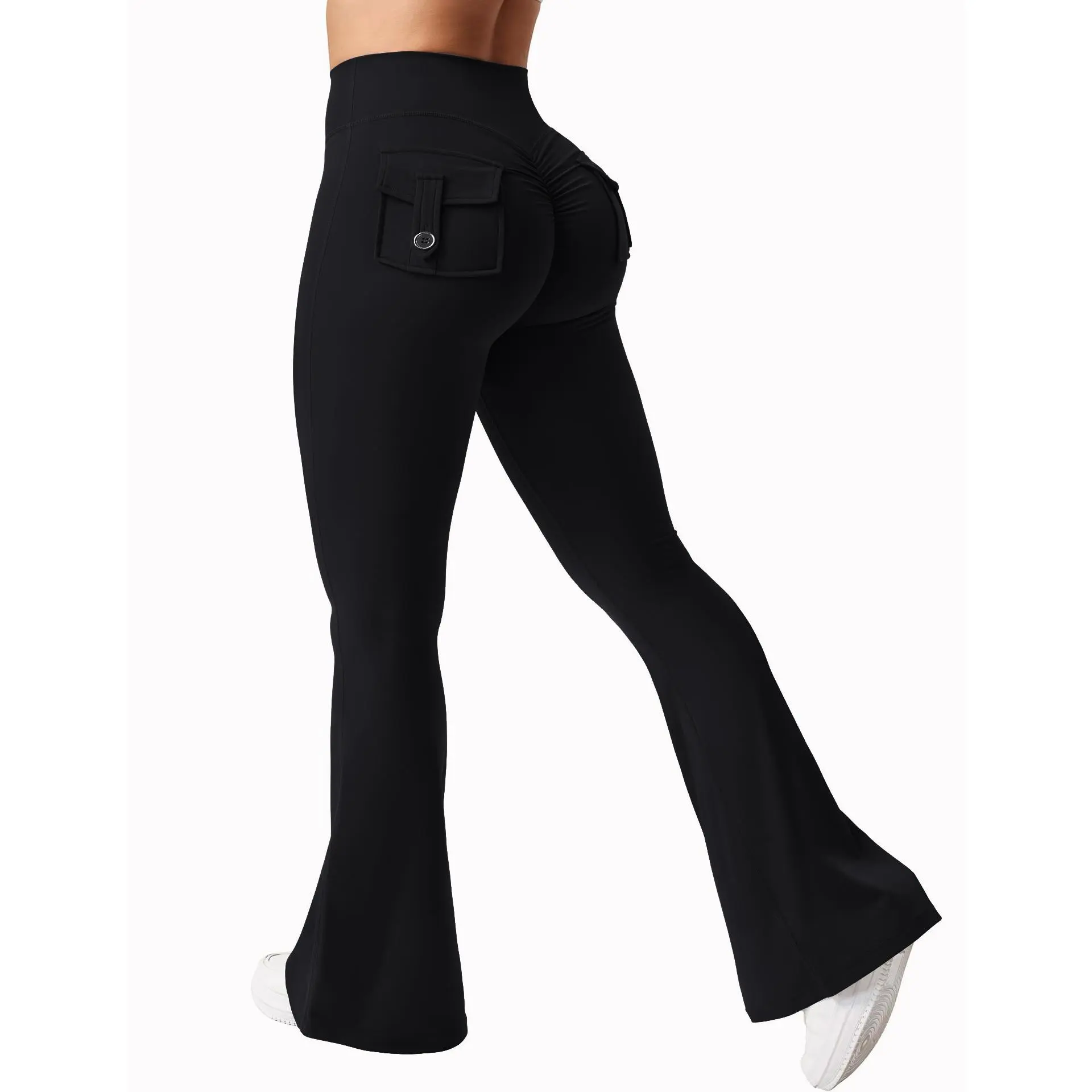 New women's casual flared yoga pants, training flared pants, high waisted work clothes, waist belt pocket sportswear