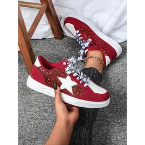 Women’s glitter star-style casual sneakers, low-top lace-up tennis shoes, comfortable breathable sporty footwear for all seasons, trendy fashion sneaker