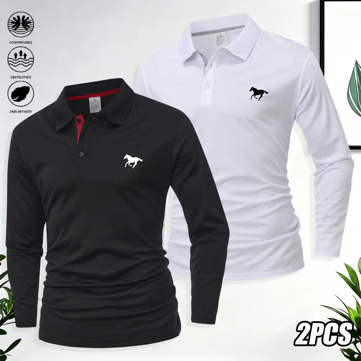 2PCS men’s solid-color long-sleeve polo shirts with a turn-down collar, fashionable golf short-sleeve turn-down collar polo shirts, spring/autumn tops, regular clothing suitable for work, casual wear, and outdoor travel