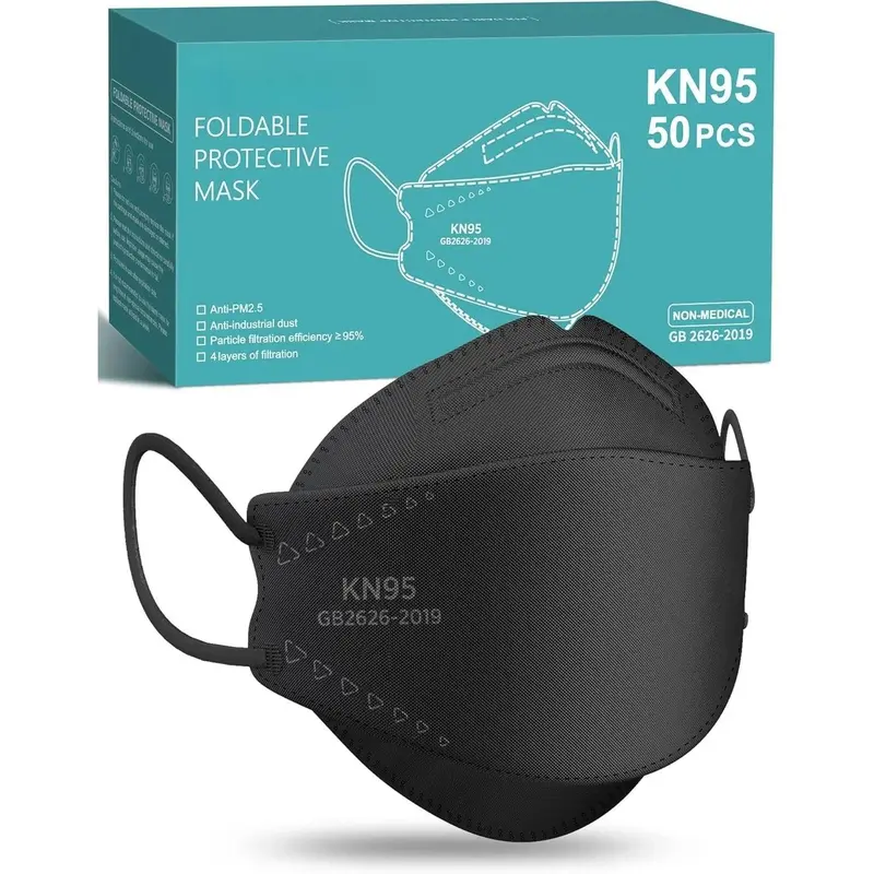 Adults' KN95 Cotton Protective Respirator Face Masks, 50-Pack Black 4-Layer Defense Non-Woven Masks with 95%+ Filter Efficiency, 3D Face Mold, Breathable Elastic Ear Loops with Hook and Loop for Reduced Discomfort & Daily Wear