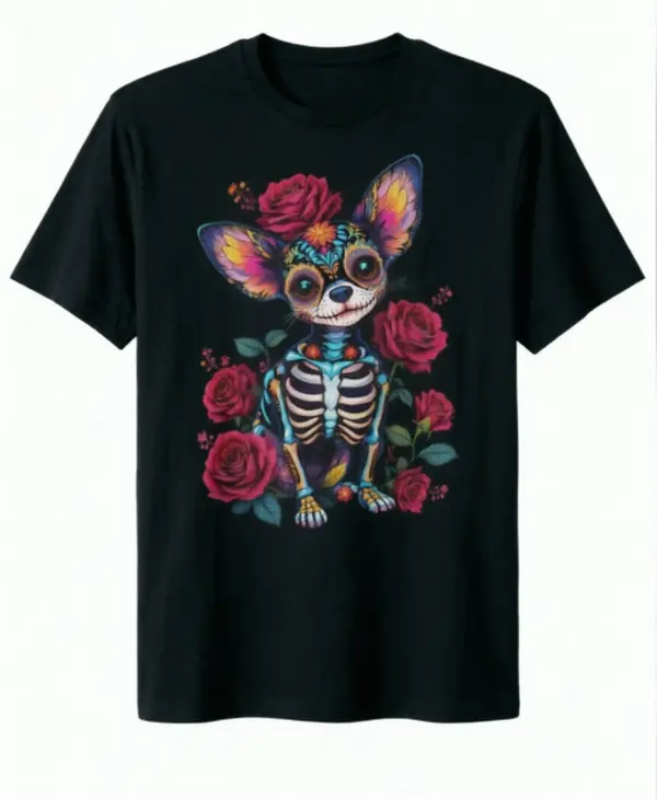 Sugar Skull Chihuahua With Red Roses Graphic Tshirt Day Of The Dead Street Wear Summer Cotton Short Sleeve Vibrant Heat Transfer Tee Unisex