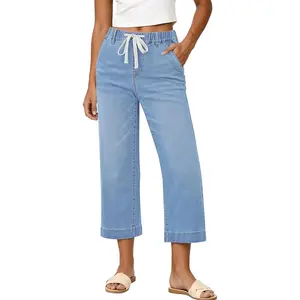 Capris Jeans for Women Trendy Wide Leg Capri Pants High Waisted Pull On Elastic Waist Summer Stretch Denim Jeans