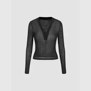 Cider [size 2-10] V-neck Lace  Up Solid Knitted Long Sleeve Top