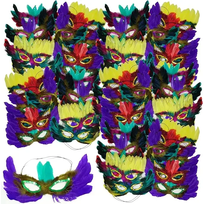 4E's Novelty 50-Pack Feathered Mardi Gras Masks for Adults Masquerade Party Accessories