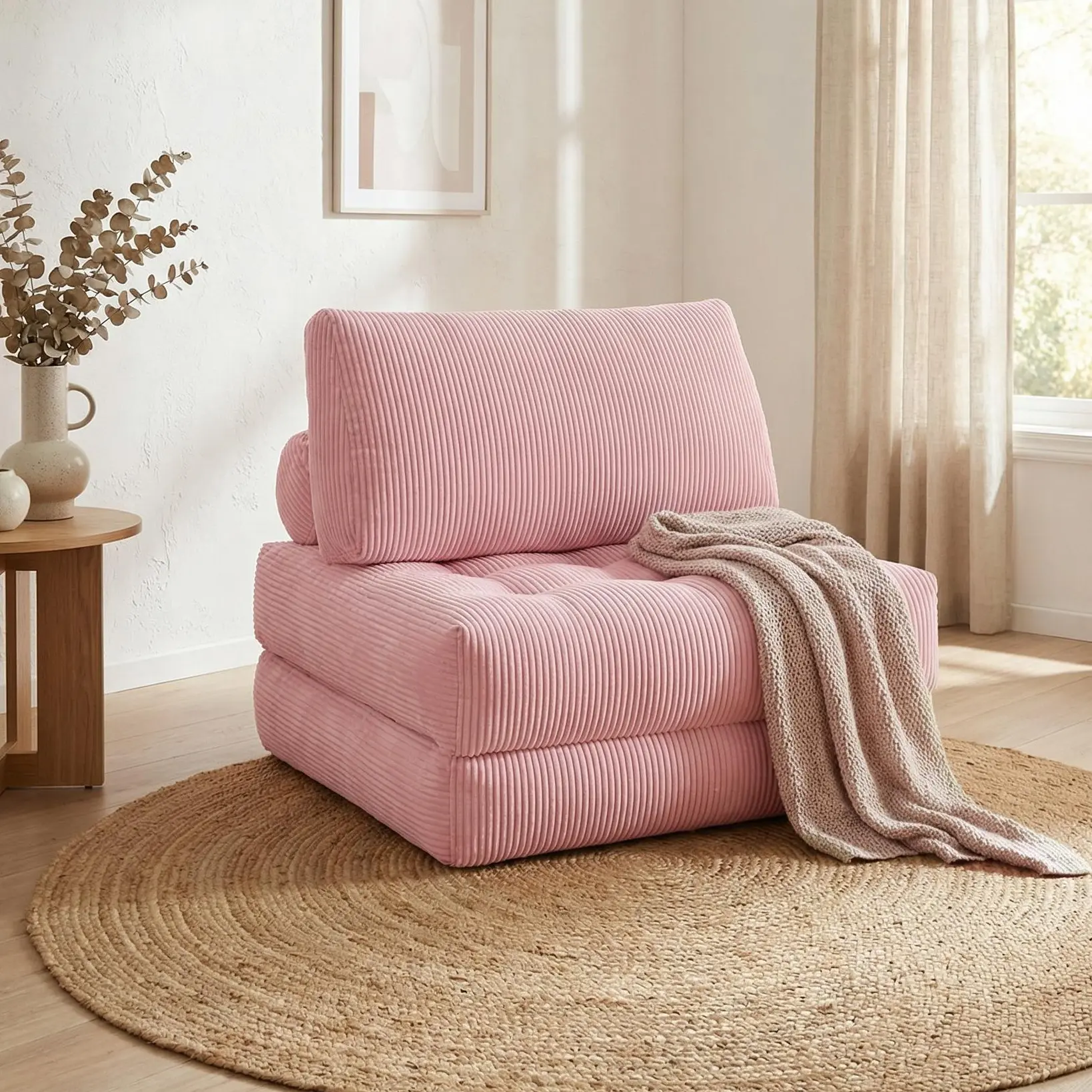 Yomsum 3-in-1 Folding Boneless Upholstered Sectional Sofa Bed Chaise Lounge - Plush Corduroy, Fluffy Memory Foam, High-Density Foam Spring, No Assembly Required - Indoor Apartment Studio Furniture, Upholstered Sofa Couch, Boneless Couches