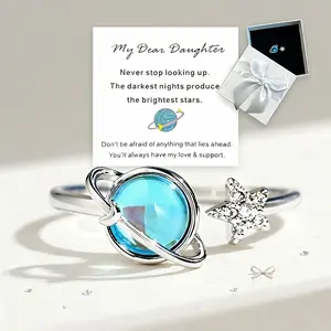 Rotatable Planet Ring for Daughter Anxiety Relief Spinner Fidget Rings Stress Fashion Star Moon Rings Unique Encouragement Gifts for Women Teen Girls Cubic Zirconia Promise Band Dainty