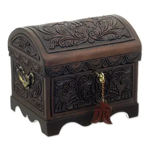 NOVICA Artisan Handmade Cedar and Leather Decorative Box | Floral Bird Motif | Brown Wood Accessories | 'Andean Flight' | 7" H x 8.75" W x 7" D