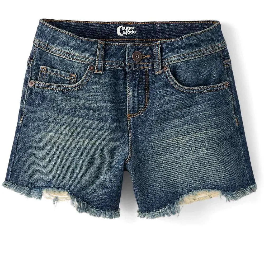 The Children's Place Tween Girls Cotton Ripped Shortie Jean Shorts - Belt Loops, Drapey Design Belt Loops, Handsanding, Imported, Blue, 10, Button