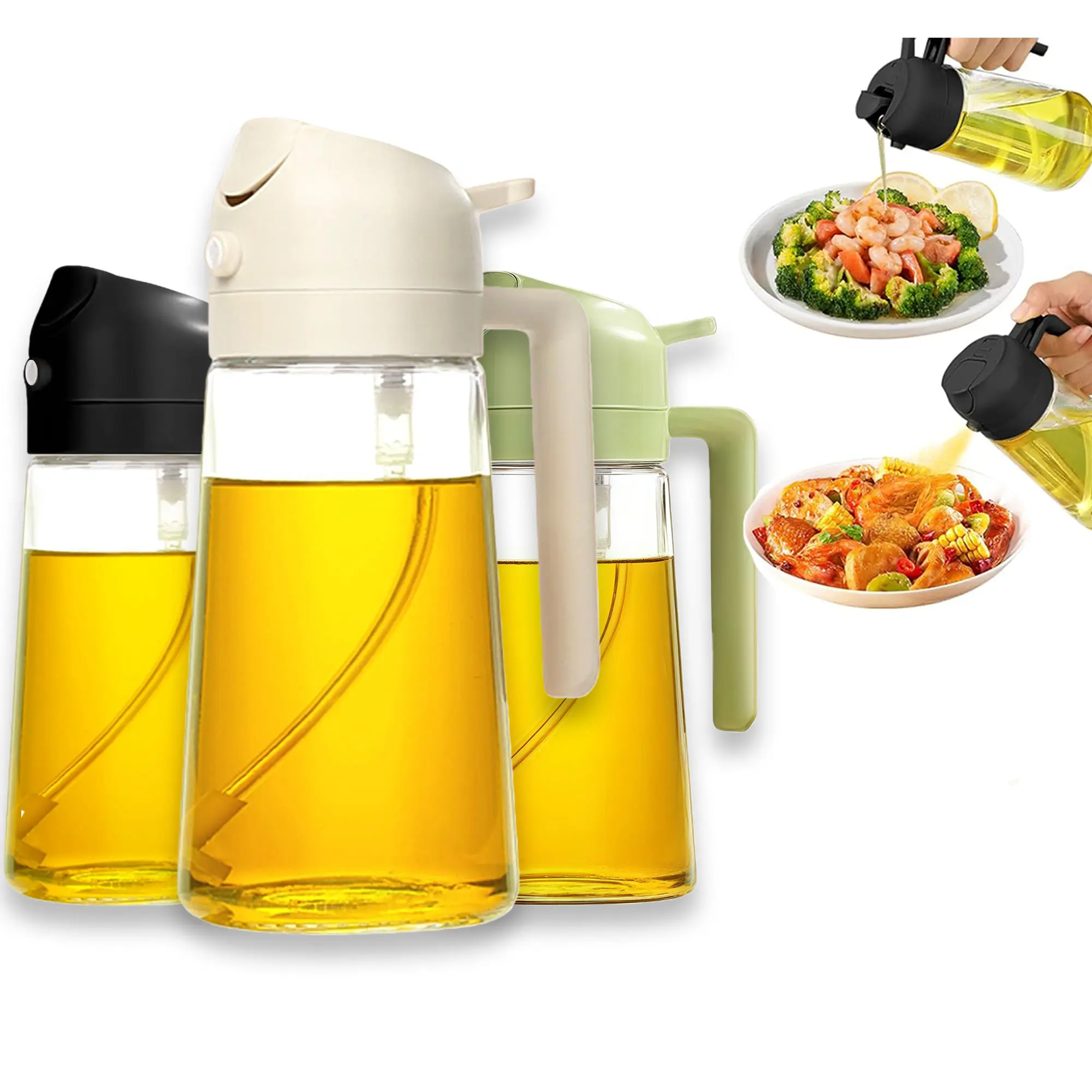 3PCS,2-in-1 Glass Oil Dispenser and Sprayer, 470ml Olive Oil Bottle with Precise 50-400ml Scale, Leak-Proof Auto Nozzle for Cooking, Baking and Frying, Kitchen Utensils