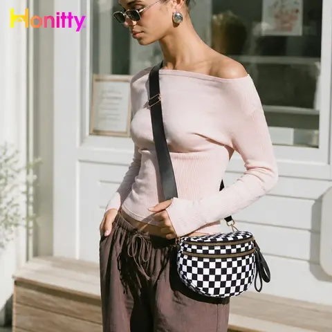 HONITTY Women's Checkered Nylon Bum Bag - Plus-Size Fit, Adjustable Strap, 10.5" Wide x 8.5" Tall Spacious Cute Design, Gold-Toned Hardware, Athletic Basic, Firm Shape, Bags for Women, All Black/Pink and White Options