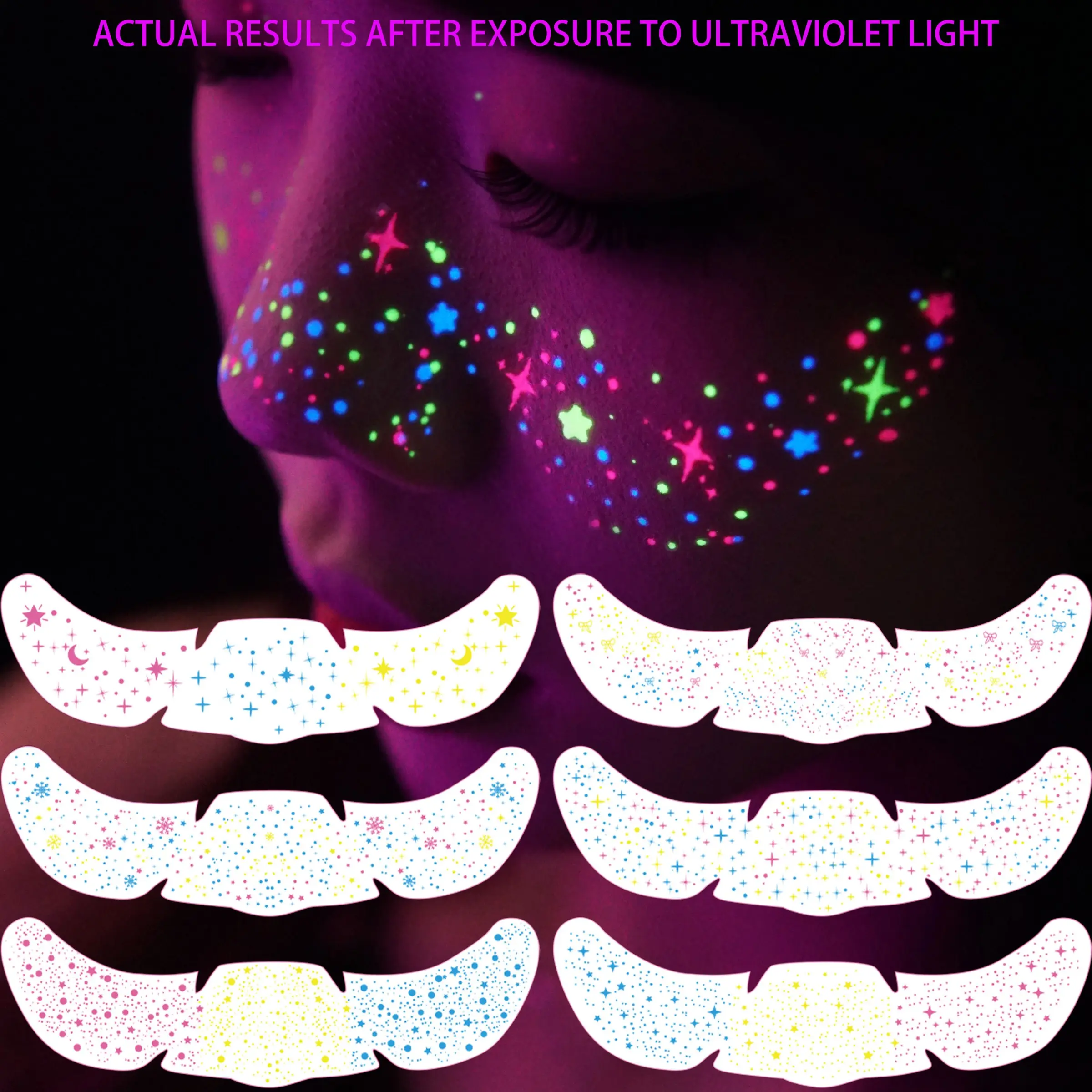 10pcs Mixed Rainbow Face Glitter Freckles, Glow Under UV Light, Neon Blacklight Multichrome Fake Speckles, Party Festival Rave Accessories, trending Makeup