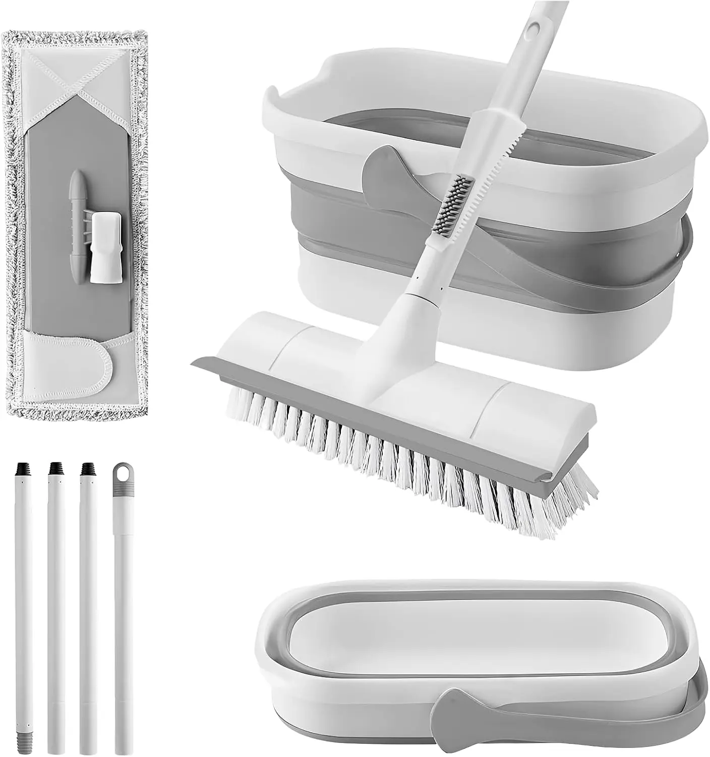Collapsible Mop and Bucket Set with Scrub Brush, Foldable Floor Cleaning Bucket and Mop Kit for Home, Kitchen and Bathroom (Gray/White)