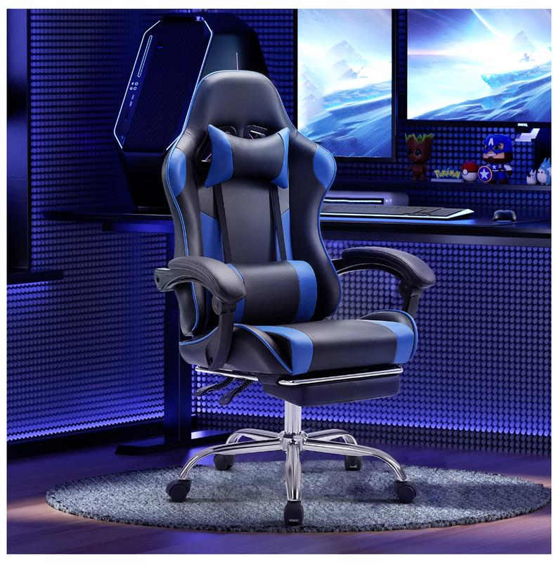 Gaming Chair with Footrest, Ergonomic Office Computer Desk Chair w/Spring Cushion, Lumbar Support & Headrest, Black/Blue