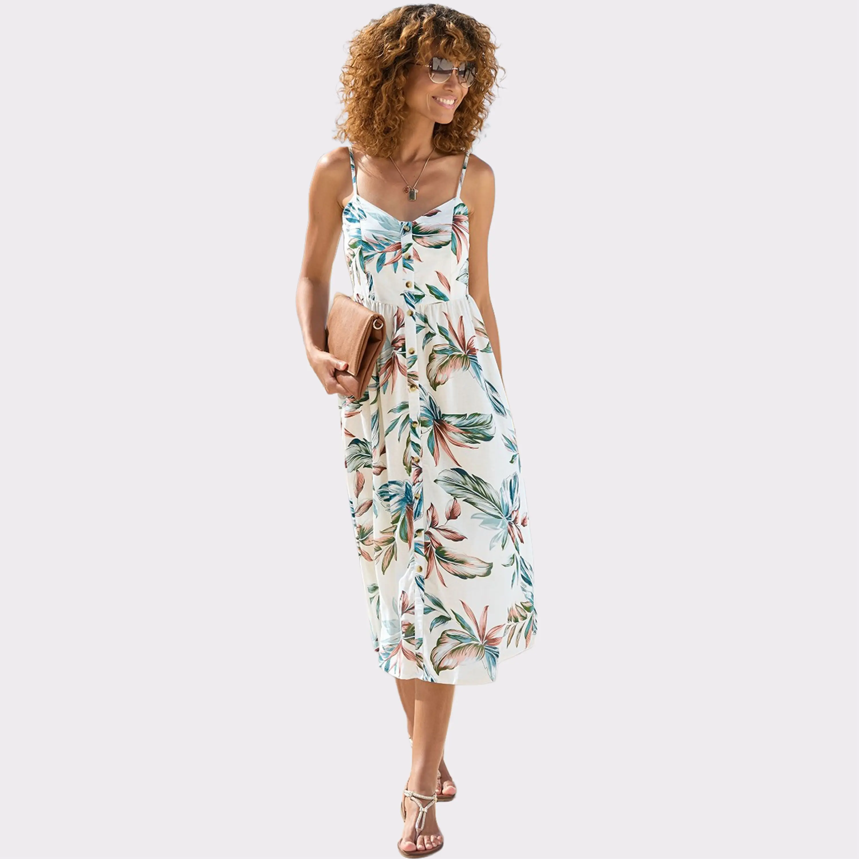 LASCANA Women's Sleeveless Casual Smocked Button-Up Panel Midi Dress - Adjustable Spaghetti Straps, Print Design, Breathable Fabric