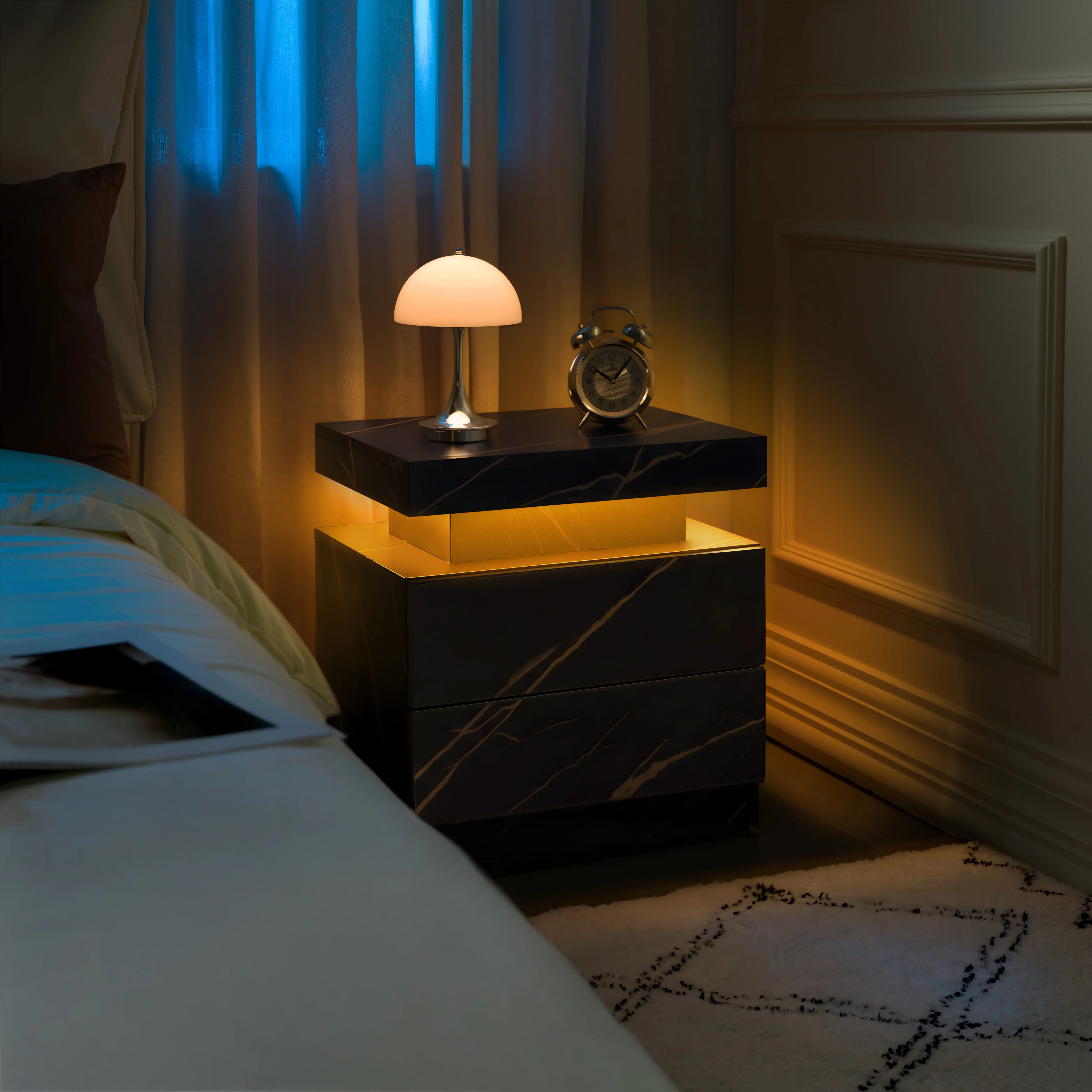 Black Gold Modern LED Nightstand, Bedside End Table Cabinet with LED Lights and 2 Storage Drawers, Side Night Stand for Bedroom