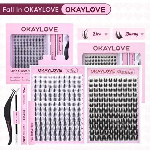 OKAYLOVE Lightweight C Curl Synthetic Fiber Clusters Lashes Kit - False Eyelashes Extensions, Waterproof Long-Lasting Lash Glue, Bond, Tweezers, Remover for DIY Home Styling - Accessories Bundle (Ideal for Girls) #backtoschool #sohochic