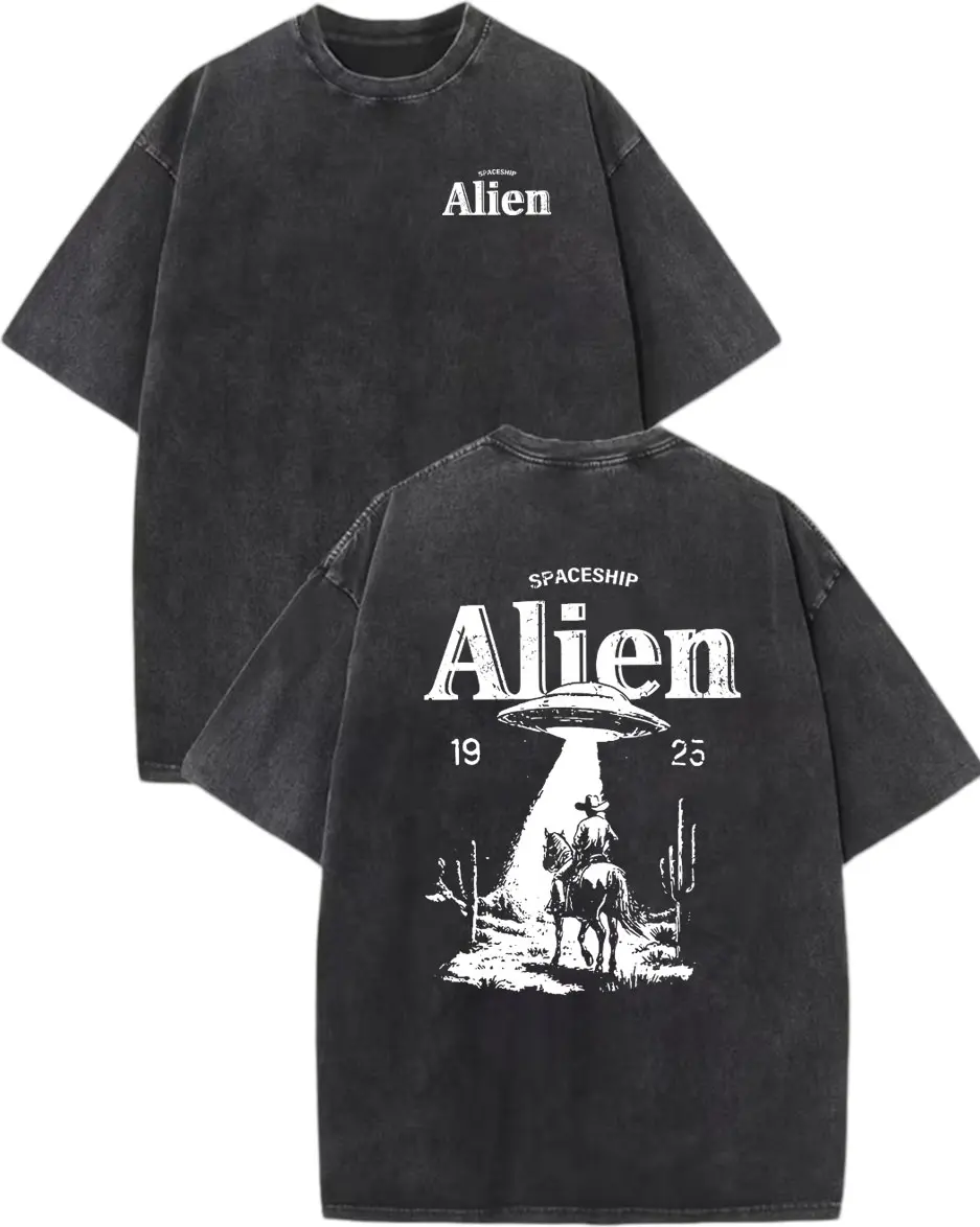 Men's Cotton Aesthetic Vintage Black Alien Cowhide UFO Graphic Round Neck Short-Sleeve Oversized Cowboy T-Shirt - 1925 Alien Spaceship Print Retro Sci-Fi Casual Top