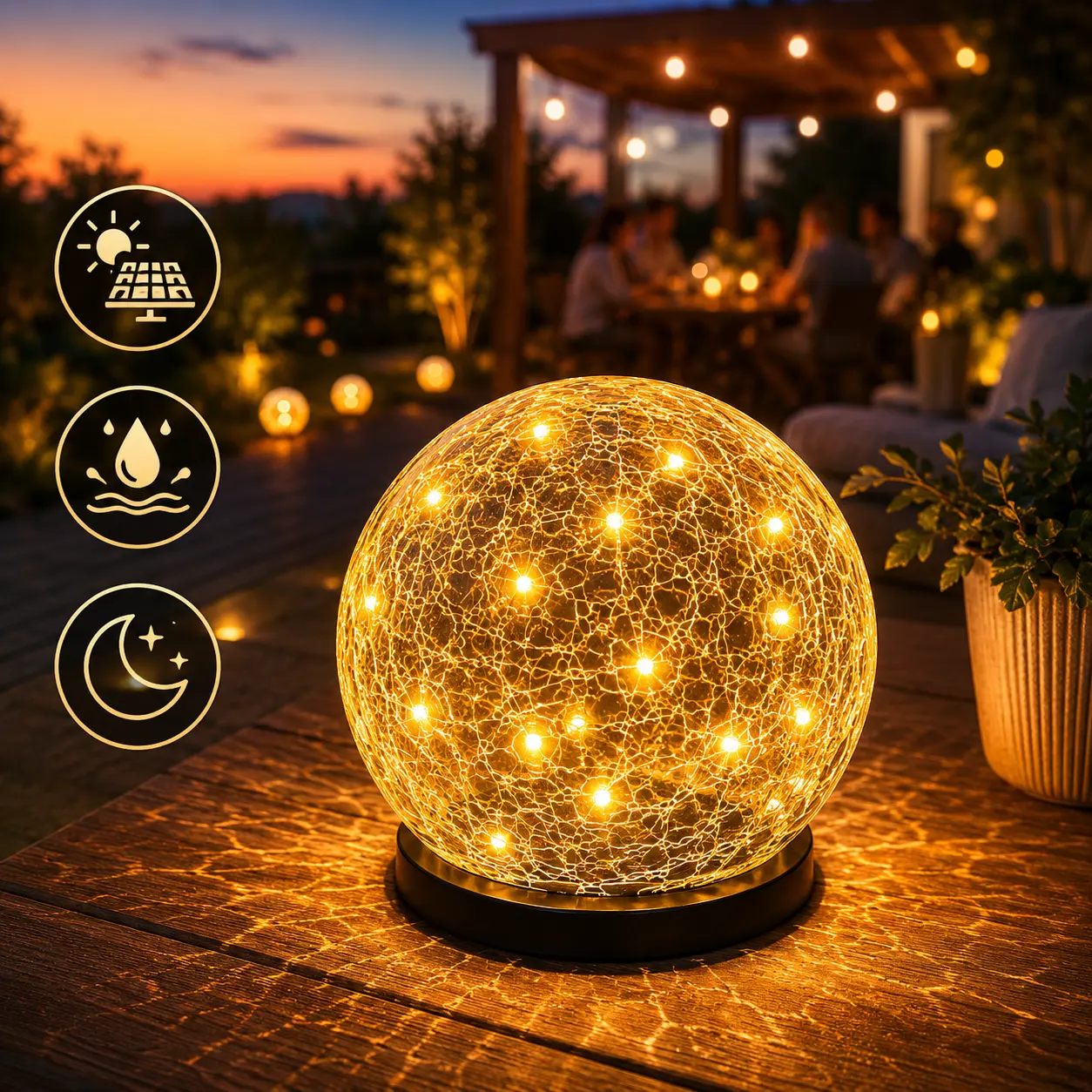 Solar Crackle Globe Lights - IP65 Waterproof Outdoor Home Decor Lamps, Easy Placement, Low Maintenance, Glass Solar Globe Mood Lighting for Patio, Campfire-BBQ Party