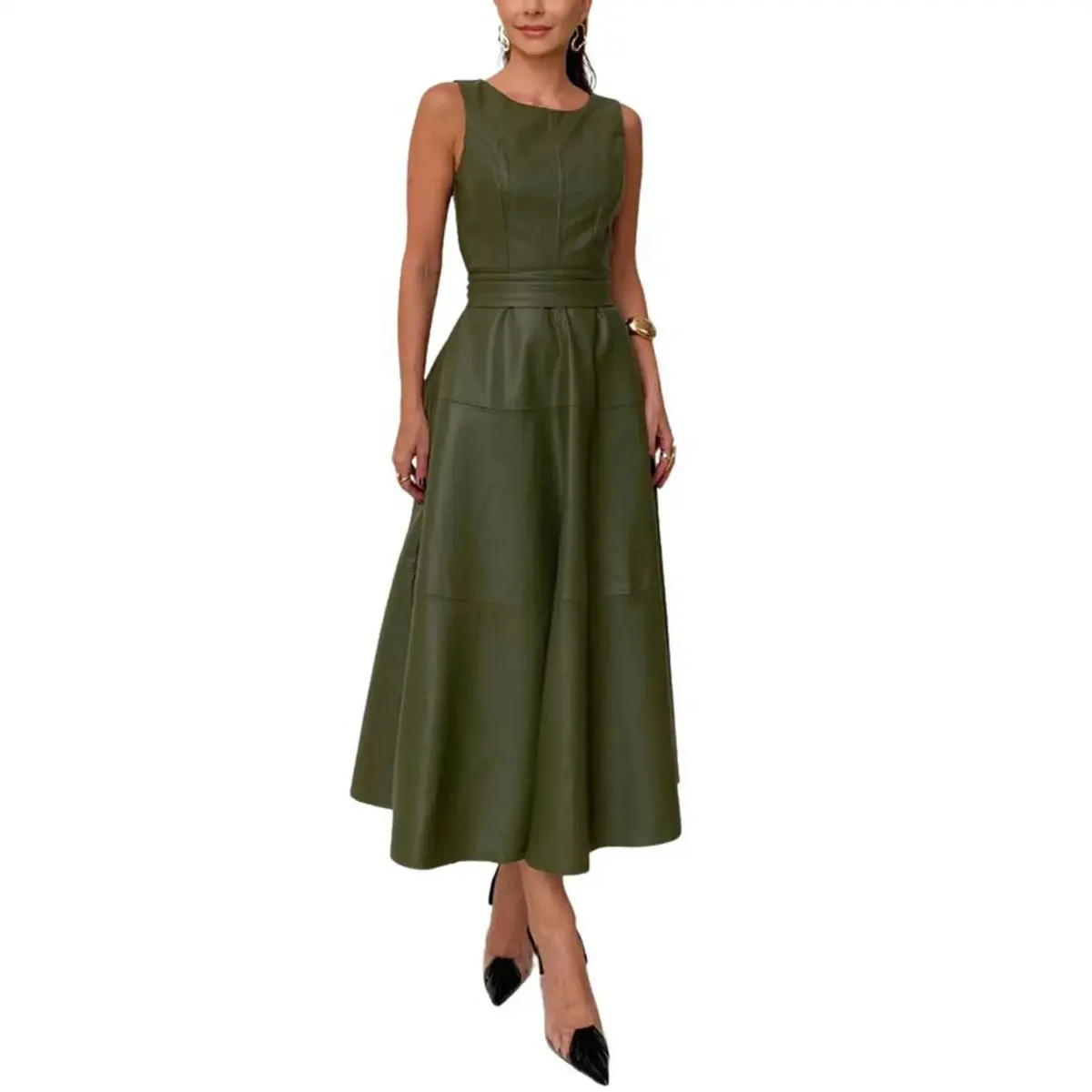 Women's 2026 Spring Elegant Sleeveless Faux Leather Midi Dress - High Waist A-Line Flowy Style with Tie Belt, Formal Office & Party Wear