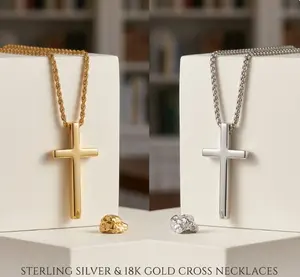 【Easter Gift for Him】Stainless Steel Cross Necklace for Men and Women (Unisex), Mens Necklaces with 2.5mm Cross Chain Black/Gold-Plated Stainless Steel Cross Necklace