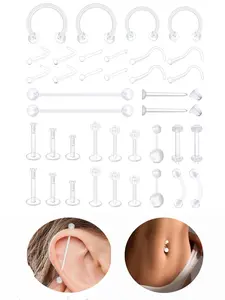 Clear Piercing Retainers for Surgery, 40pcs Nose Rings Belly Rings Septum Eyebrow Lip Cartilage Tragus Earring Retainer, Industrial Bar Plastic Piercing Jewelry for Work, Body Piercing Kit
