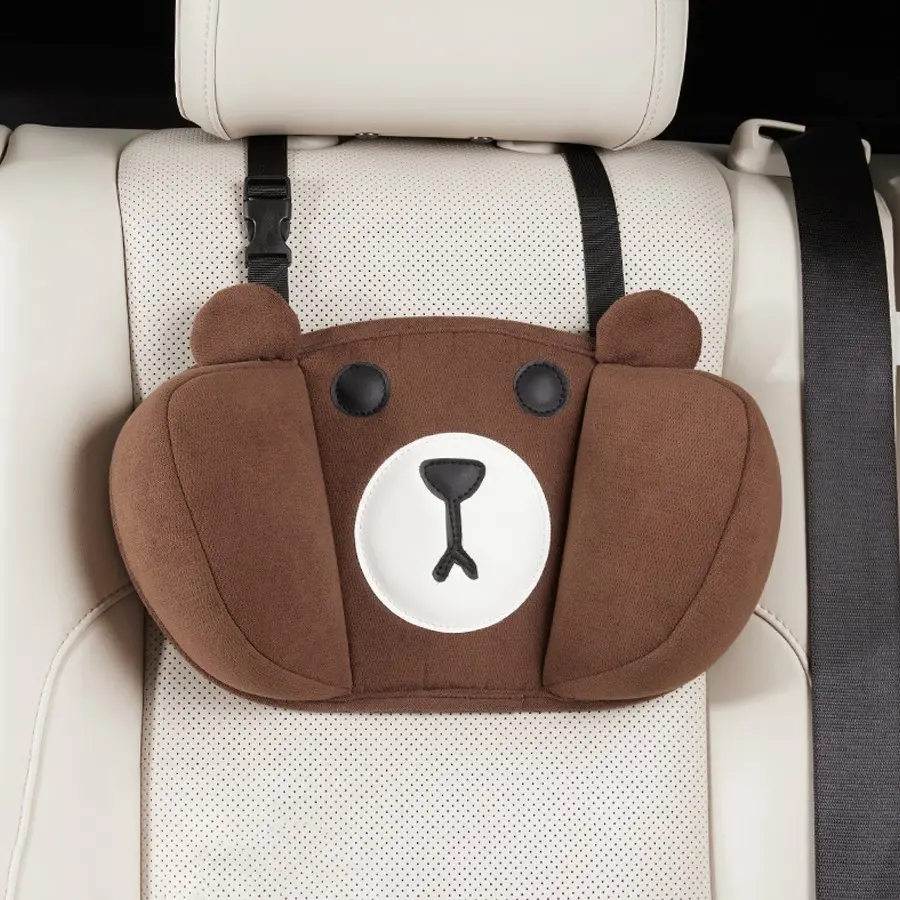 1pc Children Car Seat Headrest, Bear Safety Travel Pillow, Easy Install Sleep Cushion, Breathable Fabric Adjustable, Non-Slip Silicone Beads, Car Seat Attachment