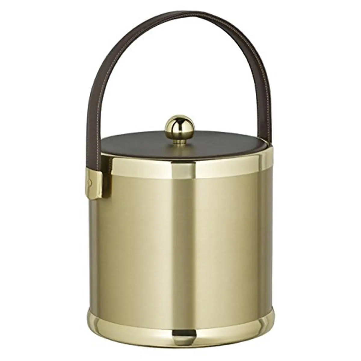 Kraftware Corp 70575 Brushed Brass 3 qt. Ice Bucket With Brown Stitched Handle And Fabric Lid, Easily Clean