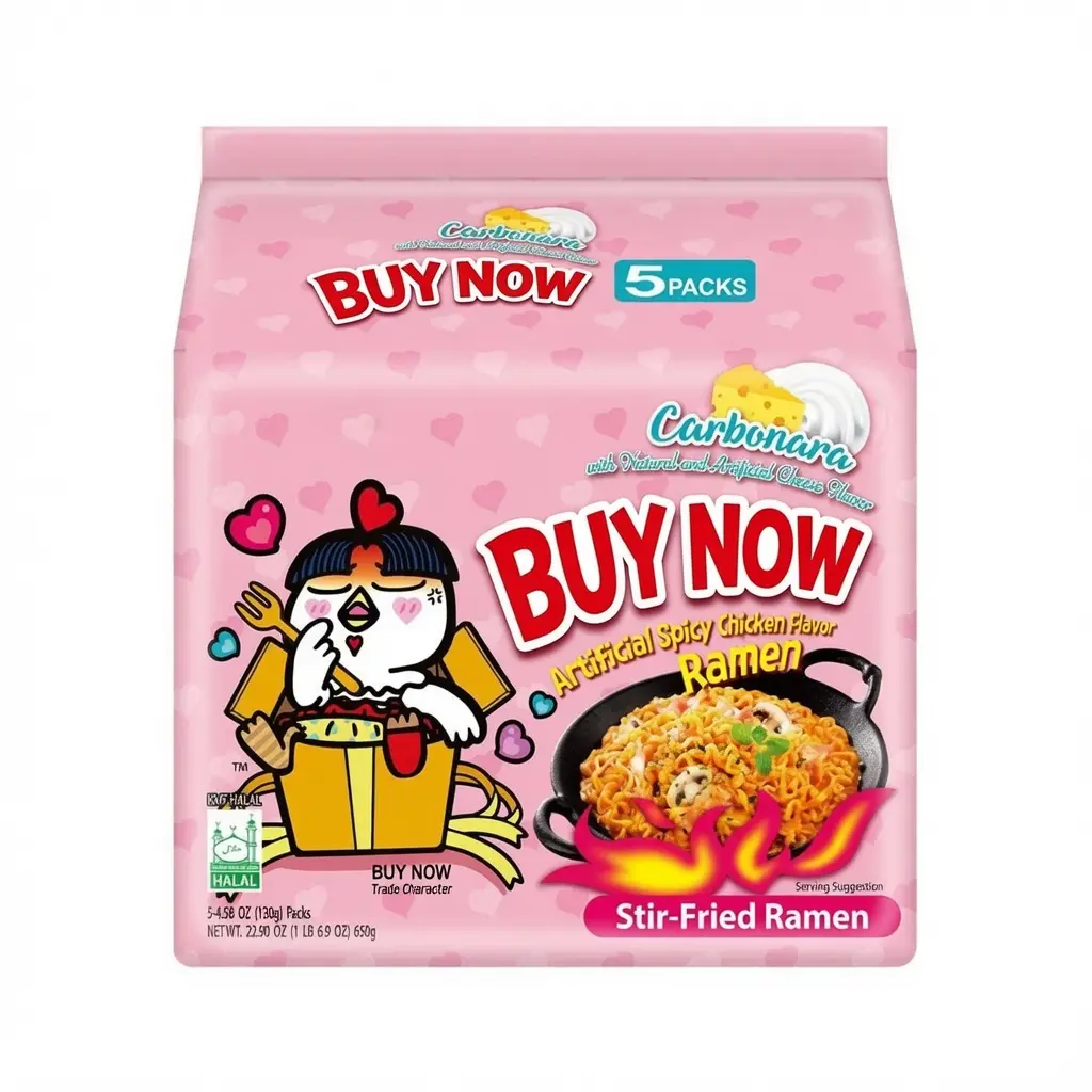 Korean-Style Savory Spicy Carbonara Stir-Fried Instant Ramen, Hot Chicken Flavor, Chewy Noodles, 5-Pack Pantry Food for Quick Meals