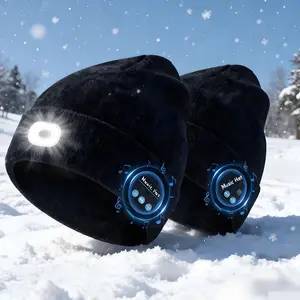 Bluetooth Beanie with LED Headlamp Touch Control Music Knitted Hat USB Rechargeable Hands-free Light for Night Running Cycling Hiking Outdoor Sports Unisex Gift fishing