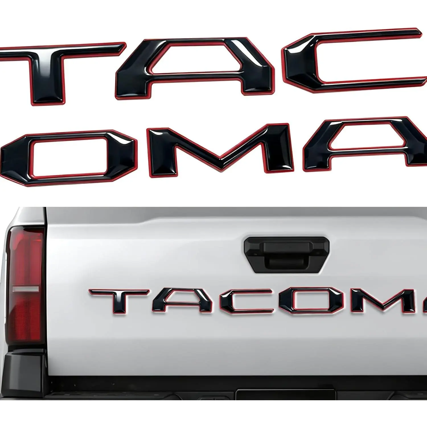3D Raised Letters Plastic Car Decals - Letter Emblem Replacement Sticker for Toyota Tacoma 2024-2025 Rear Trunk Lid Badge Nameplate, Black with Red Accents