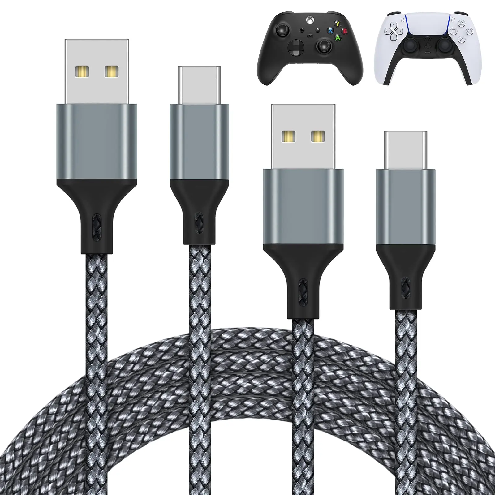 MENEEA Electronic Nylon Braided USB-C Charging Cable Kit (2 Pack, 10FT, 90 Degree Bend Test) - Grey Type-C Replacement Cord Accessories for PS5/PS5 Pro, Xbox Series X/S