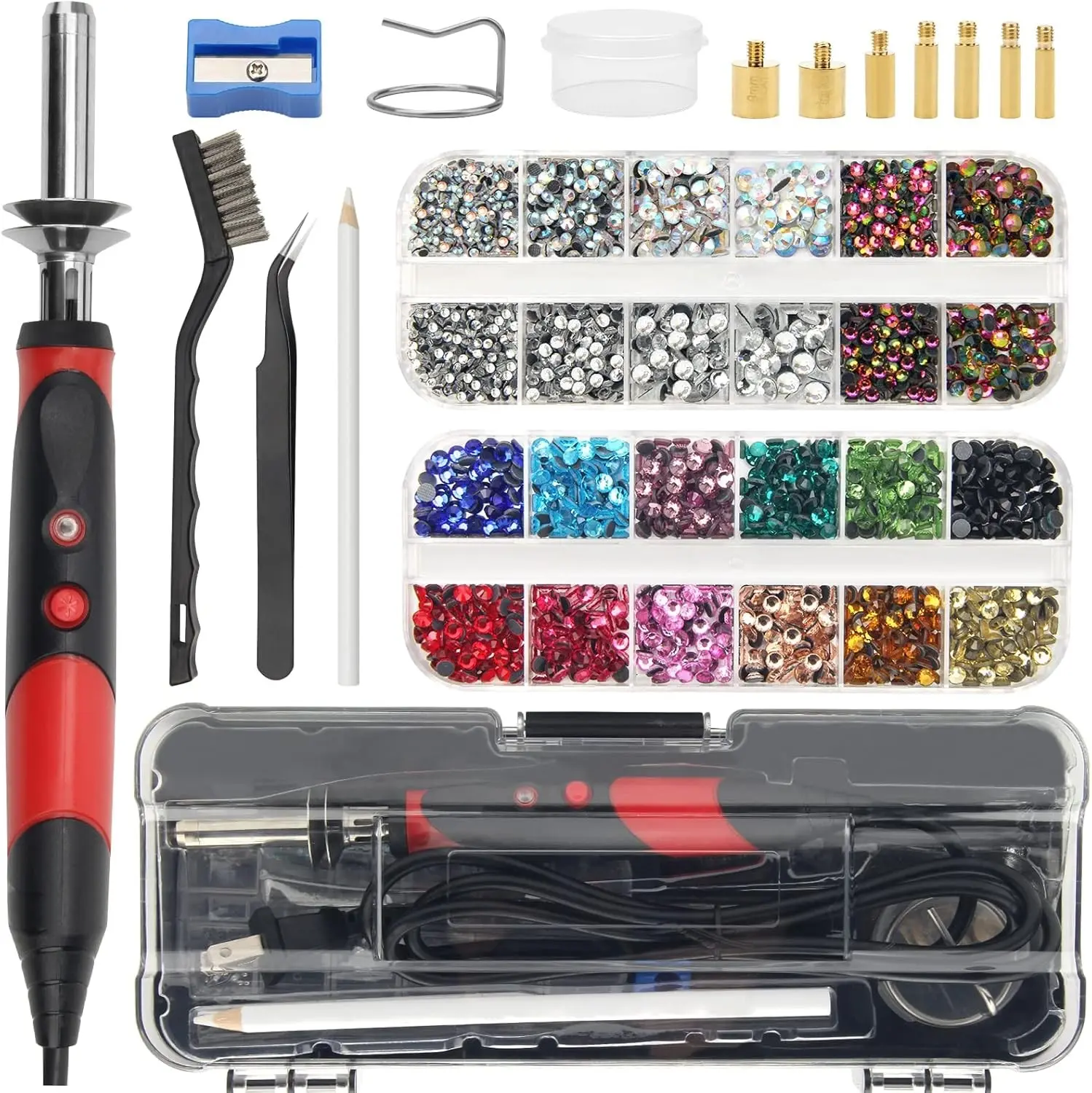 Hotfix Applicator Tool, Hotfix Rhinestones Applicator Bedazzler Kit | Professional Bedazzler Kit with 2 Boxes AB Crystal Rhinestones Picker Tool, 7 Tips/Tweezers/ Pencil/Brush DIY for Crafts
