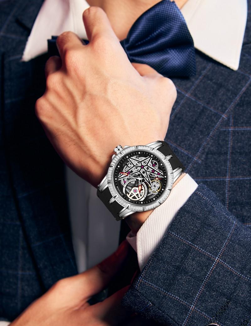 Luxury Skeleton Automatic Watch Diamond Bezel Black Rubber Strap