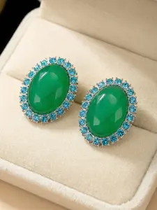 Vintage Oval Green Resin Stud Earrings - Retro Silver-Tone Metal Plugs, Sparkling Blue Rhinestones, Vivid Contrast Vibe, Elegant Gift for Her