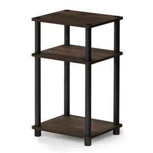 JUST Side Table in Columbia Walnut offers 3-tier storage, open shelves, tool-free assembly in a versatile design for bedrooms, living rooms, and small spaces