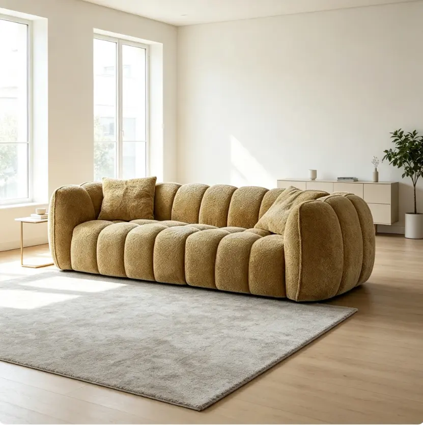 Mustard boucle cloud modular sofa with rounded segmented cushion design. Ultra-fluffy plush texture delivers sink-in cozy comfort. Soft curved silhouette, warm earth tone, creates a dreamy relaxing focal point for minimalist living rooms.