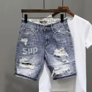 Men's Ripped Denim Shorts for Summer - Personality print versatile cropped pants in cotton fabric, casual street style ee blue Korean Loose Original Streetwear Design