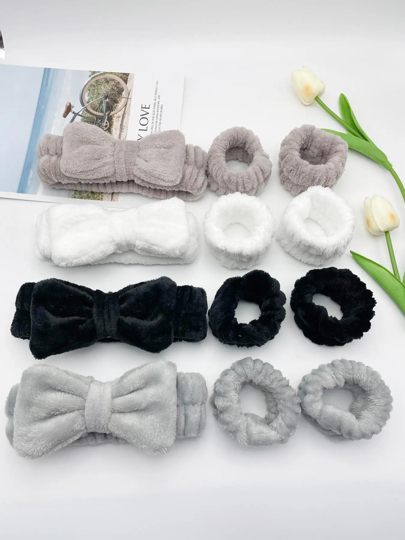 Cute Bow Decor Hair Band & Soft Plush Waist Band for Girls Hairstyles, Water Absorbent Skin Care Set for Women & Girls, Fashion Summer 2024 Hair Acces